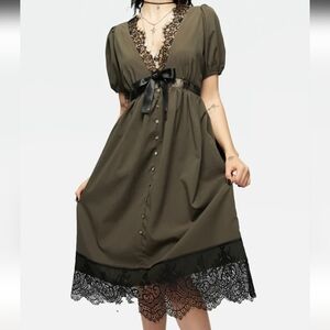 Disturbia Olive Green Midi Dress with Black Lace